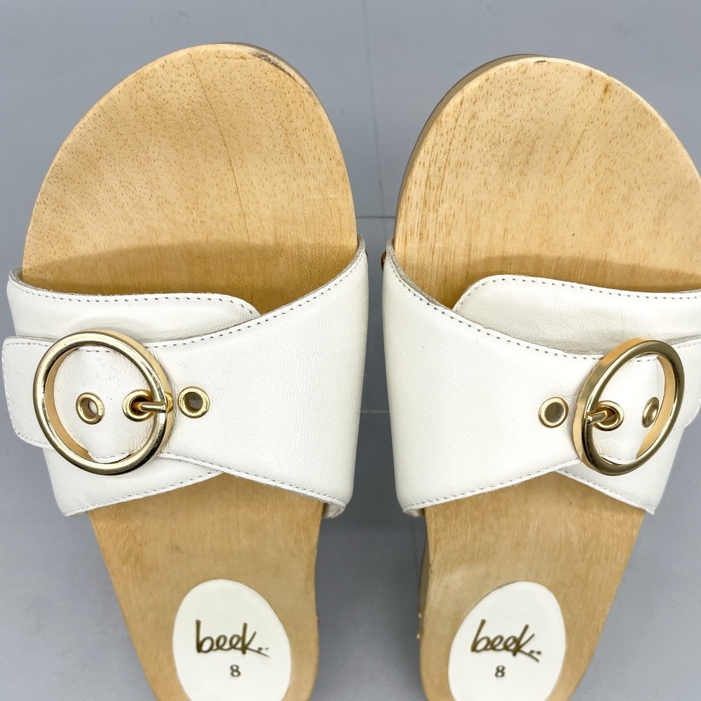 BeekWomens 8 Woodstar Clog Sandals White Leather Gold Buckle Slide Boho Coastal - Picture 9 of 12